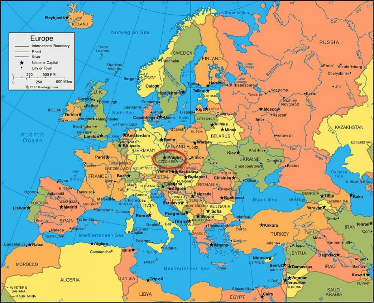 خريطة أوروبا توضح براغ